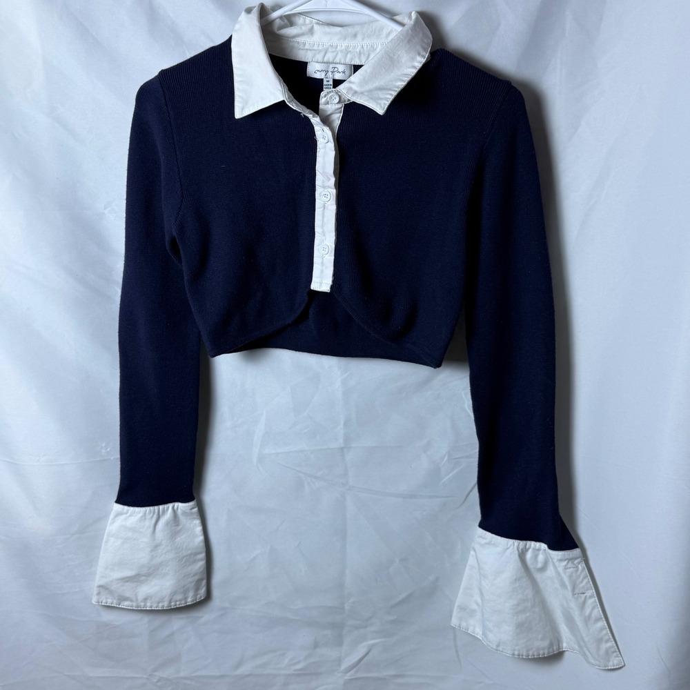 Emory Park M Navy White Collared Cropped Sweater Preppy Y2K Top Academia Trendy‎